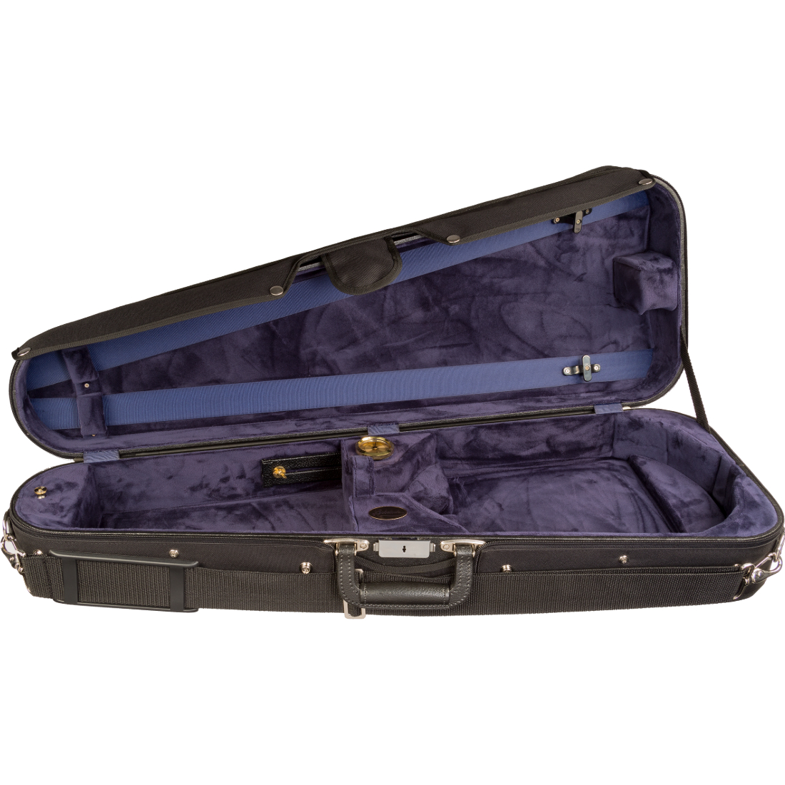 Black arrow Bobelock viola case with indigo inner lining