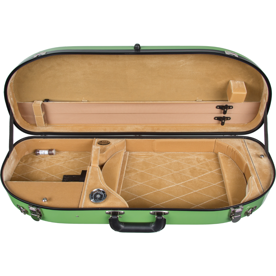 Green half-moon Bobelock viola case with light tan interior